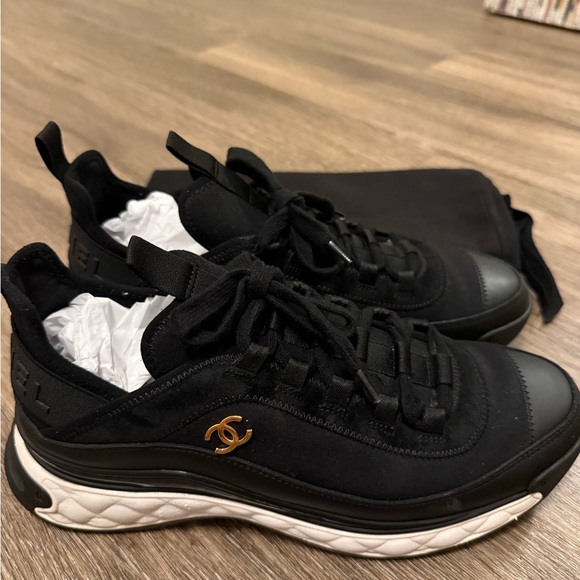 CHANEL Black Sneakers with Gold Logo - Picture 1 of 6
